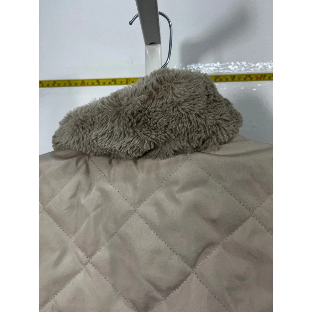 Quilted Faux Fur Lined Puffer Vest Beige Cinched Waist‎ Sleeveless Jacket Large